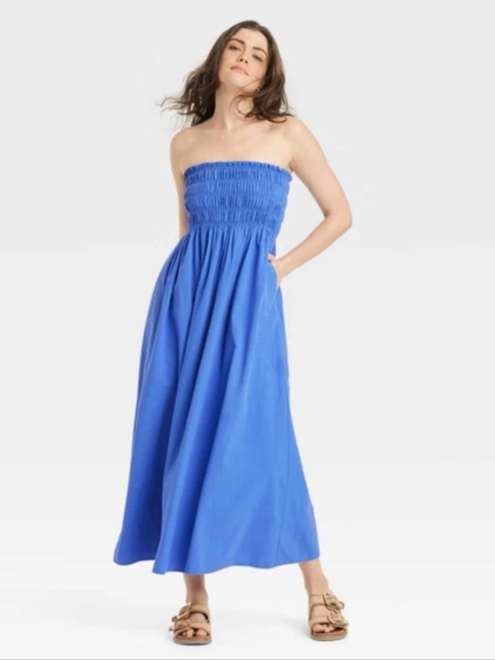 Women's Midi A-Line, Blue Smocked Strapless Dress, L